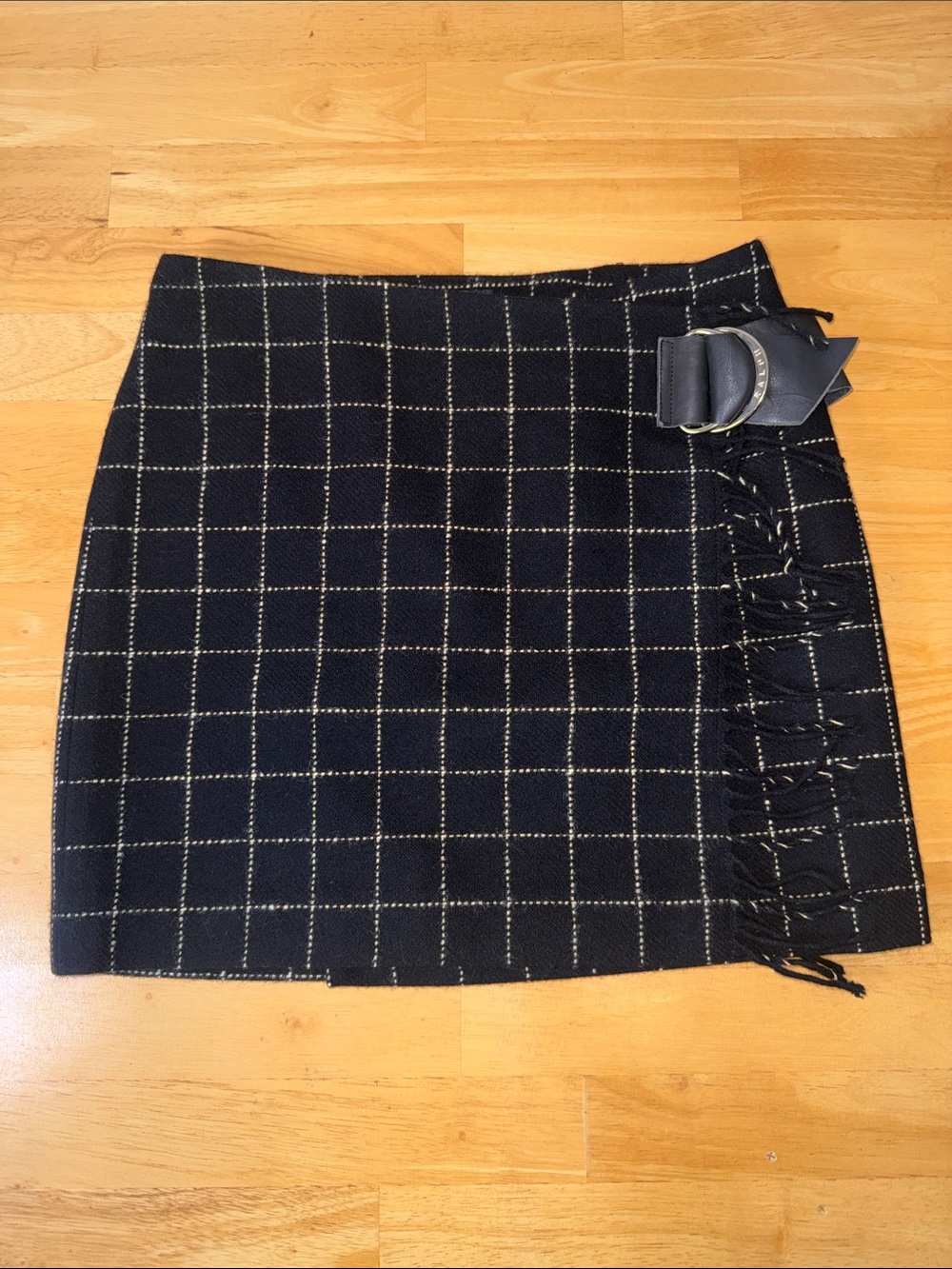 Vintage Ralph Lauren Wool Windowpane Wrap Mini Skirt Fringe Leather Buckle 2